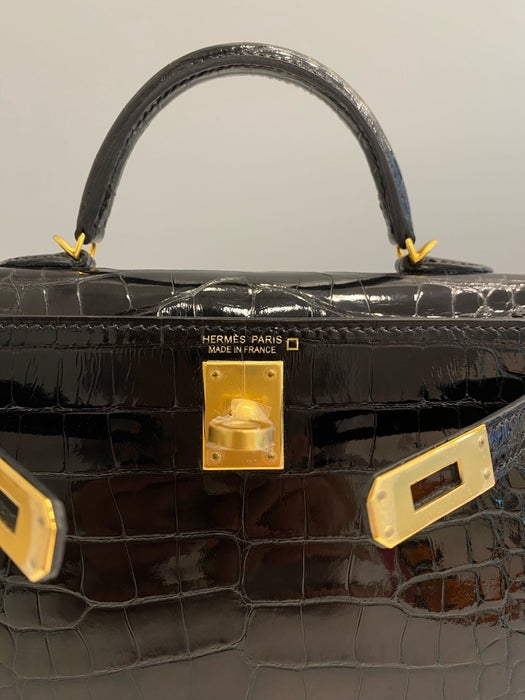 Hermes Kelly 20 in Black Shiny Alligator Ghw