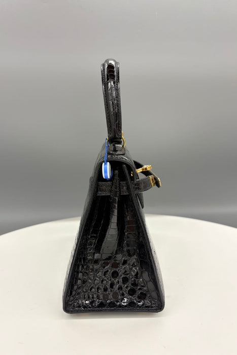 Hermes Kelly 20 Vintage in Black Shiny Porosus Ghw