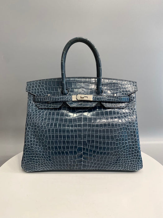 Hermes Birkin 35 in Blue Tempete Shiny Porosus Phw