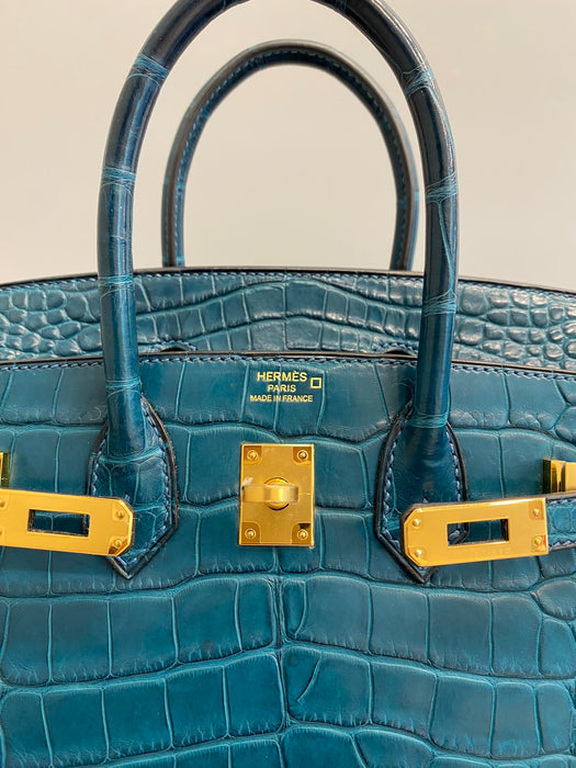 Hermes Birkin 25 in Blue Colvert Matte Alligator Ghw