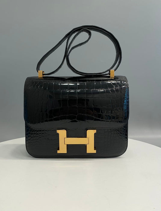 Hermes Constance 24 in Black Shiny Croc Ghw