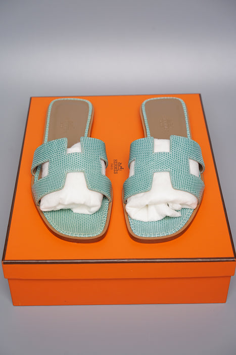 Hermes Oran Sandals in Turquoise Lizard Size 36.5 (Brand New)