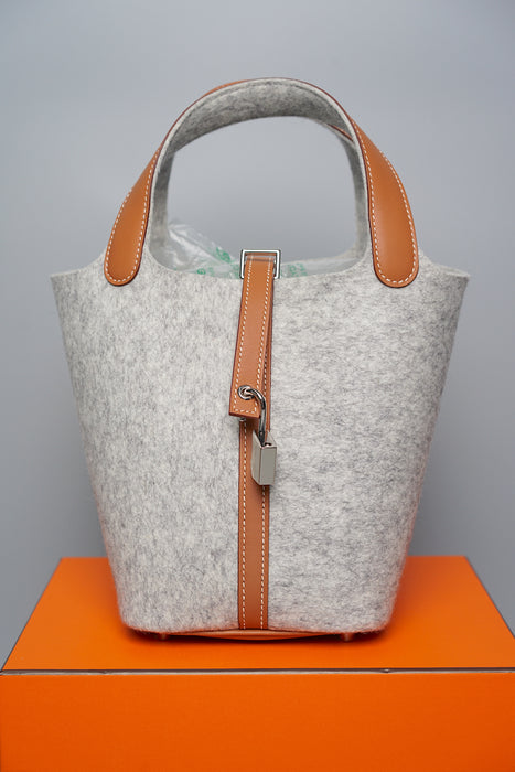 Hermes Picotin 18 in Gris Clair Felt/Gold (Brand New)