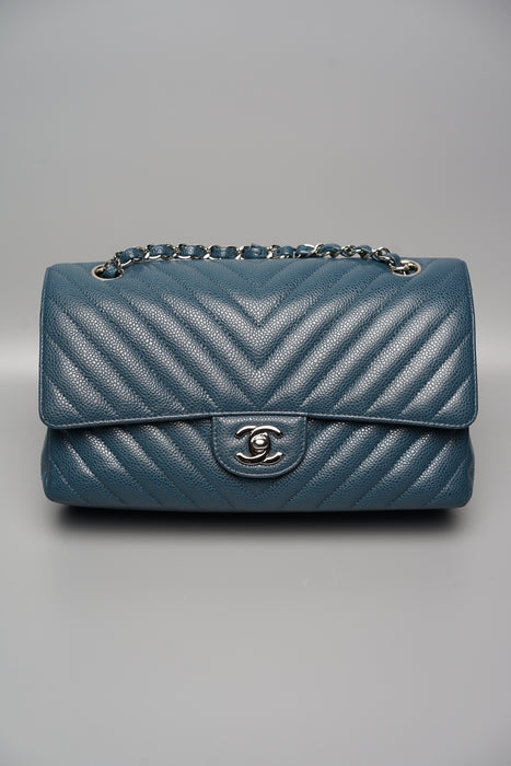 Chanel Chevron Medium Double Flap in Blue Caviar