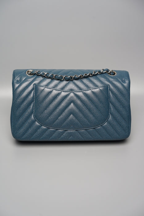 Chanel Chevron Medium Double Flap in Blue Caviar