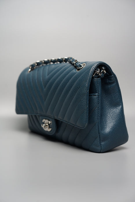 Chanel Chevron Medium Double Flap in Blue Caviar