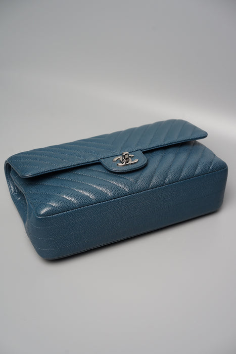 Chanel Chevron Medium Double Flap in Blue Caviar