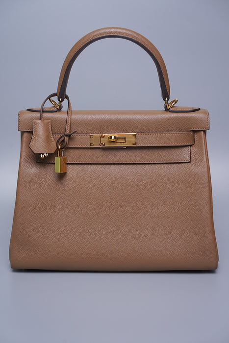 Hermes Kelly 28 Retourne Beige de Weimar in Ghw– orange porter