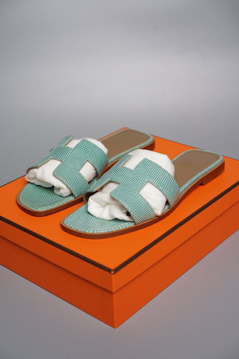 Hermes Blue Lizard Leather Oran Sandals Size 37.5 – Inside The Closet