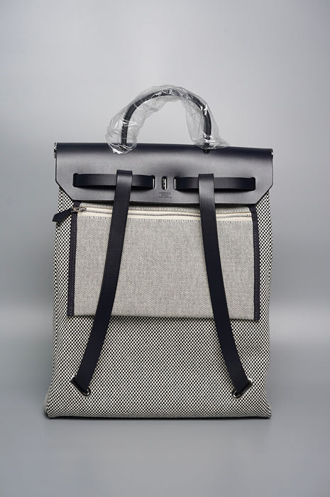 Hermes Herbag Backpack in Ecru/Noir/Bleu Indigo Toile Phw (Brand New)