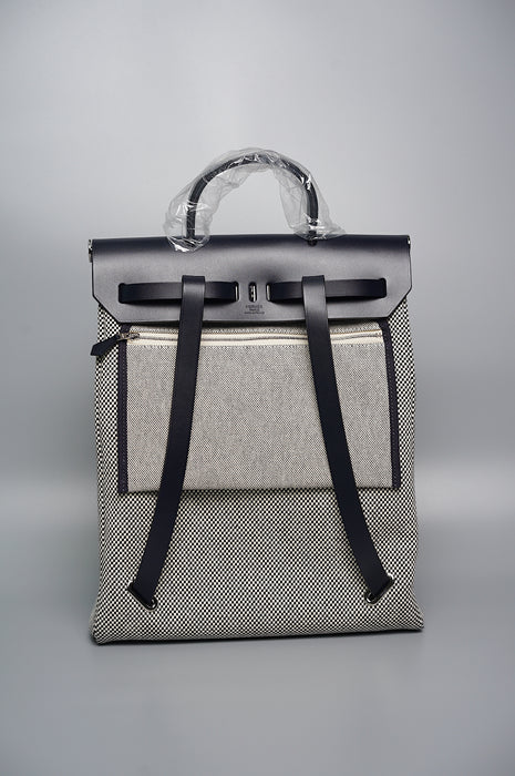 Hermes Herbag Backpack in Ecru/Noir/Bleu Indigo Toile Phw (Brand New)