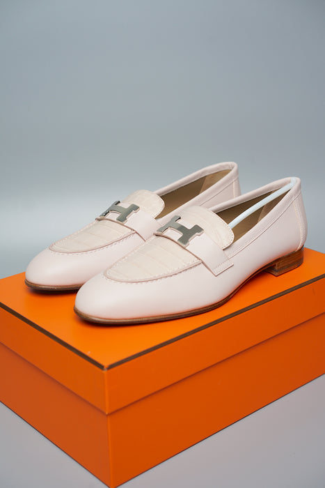 Hermes Paris Loafer in Rose Petale Croc, Size 38 (Brand New)