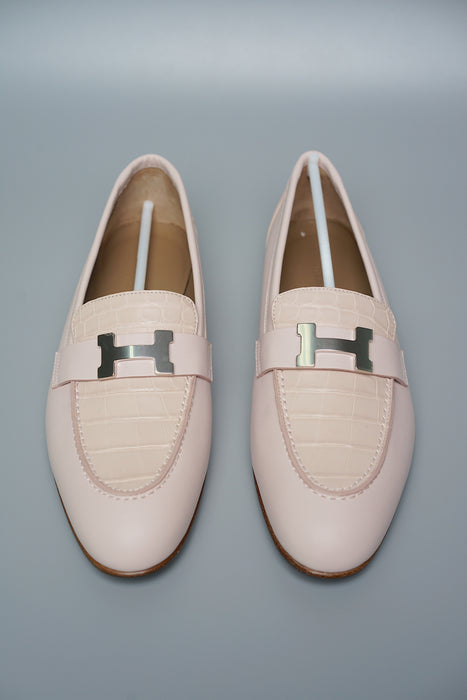 Hermes Paris Loafer in Rose Petale Croc, Size 38 (Brand New)