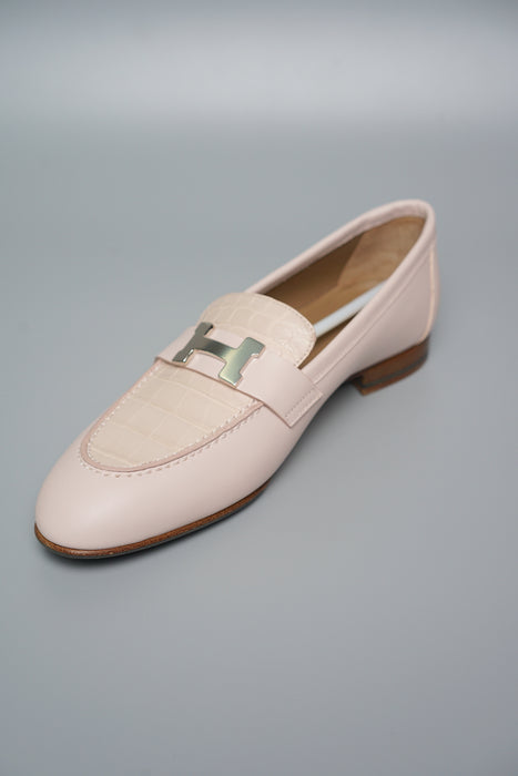 Hermes Paris Loafer in Rose Petale Croc, Size 38 (Brand New)