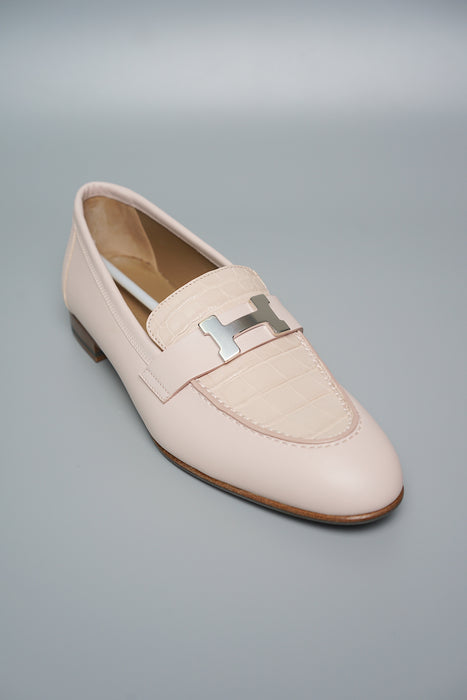 Hermes Paris Loafer in Rose Petale Croc, Size 38 (Brand New)