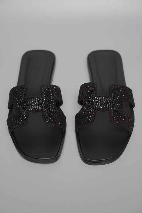 Hermes Oran Sandals in Black Rhinestones Size 37 (Brand New)