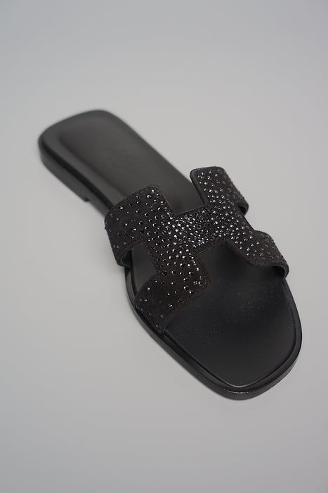 Hermes Oran Sandals in Black Rhinestones Size 37 (Brand New)