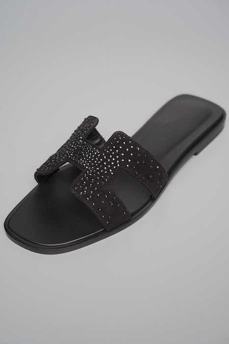 Hermes Oran Sandals in Black Rhinestones Size 37 Brand New